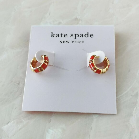 Kate Spade Jewelry - Kate Spade • Rare Form Striped Gold Red Huggie Earrings